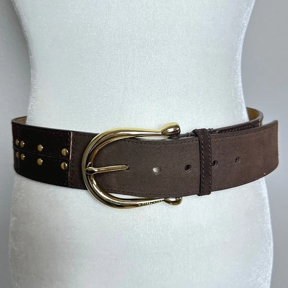 Michael‎ Kors Brown Leather Suede Patchwork Studded Waist Belt Gold Buckle Small